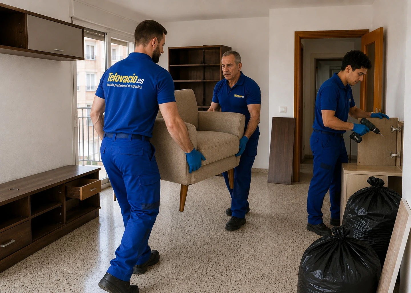 Equipo de Telovacio.es retirando mobiliario durante un vaciado de vivienda