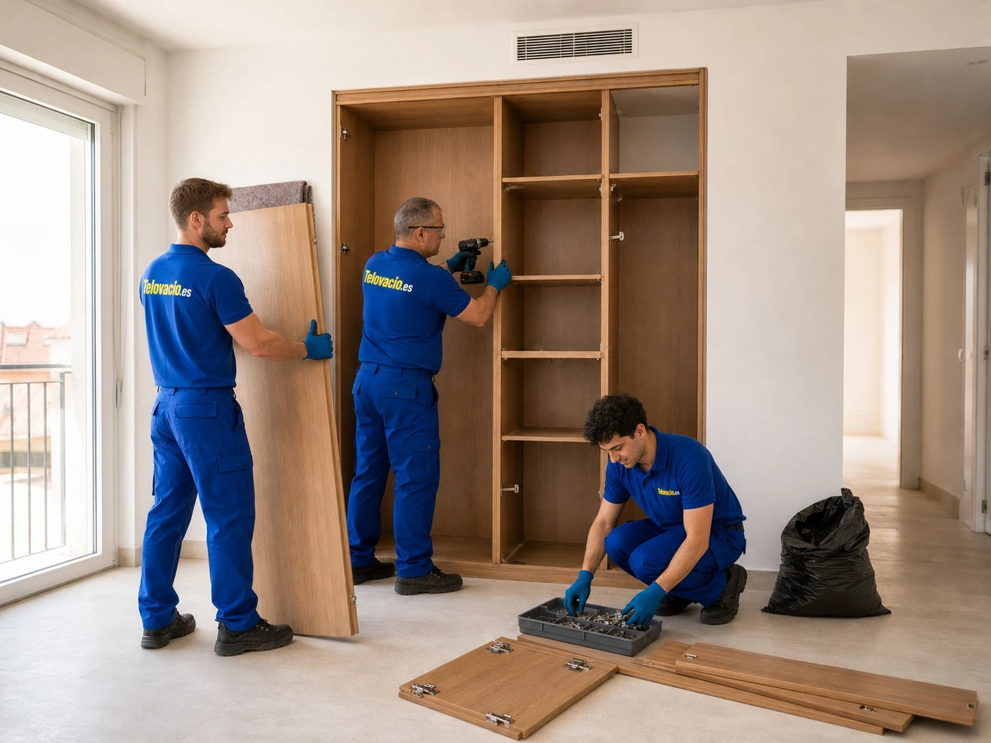 Equipo de Telovacio.es desmontando mobiliario durante el vaciado de una vivienda