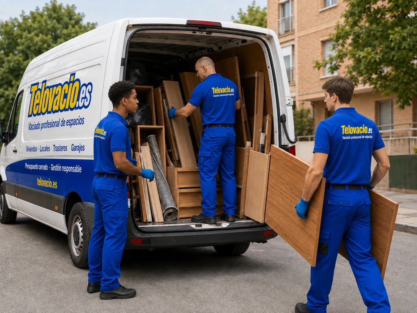 Equipo de Telovacio.es cargando mobiliario retirado en la furgoneta de trabajo